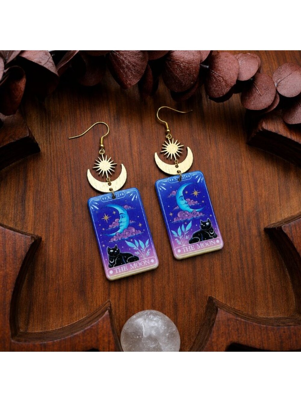 The Moon Black Cat Tarot Style Dangle Earrings Acrylic Handmade Celestial Sun - Picture 5 of 5
